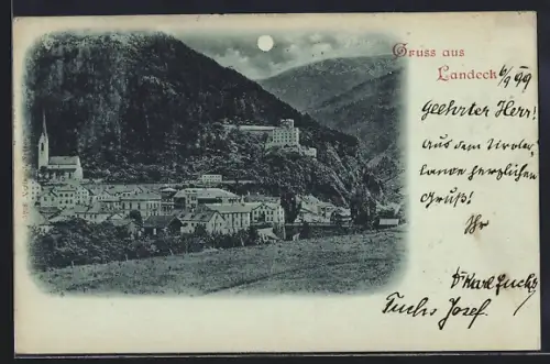 Mondschein-AK Landeck, Ortsansicht mit Kirche und Schloss