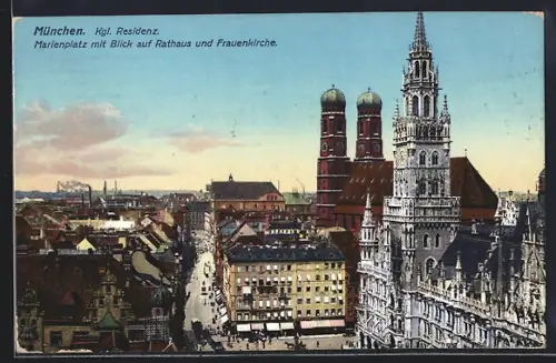 AK München, Marienplatz mit Blick auf Rathaus und Frauenkirche