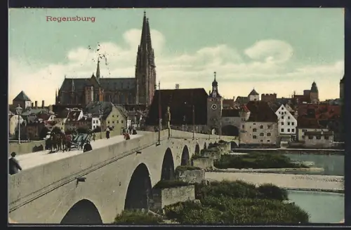 AK Regensburg, Partie an der Brücke mit Blick zum Dom