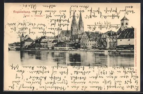 AK Regensburg, Donaupartie mit Blick zur Kirche