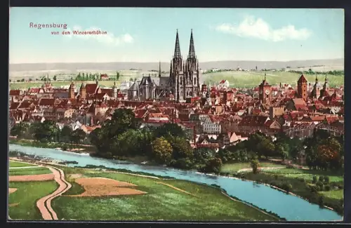AK Regensburg, Teilansicht mit Kirche von den Winzererhöhen