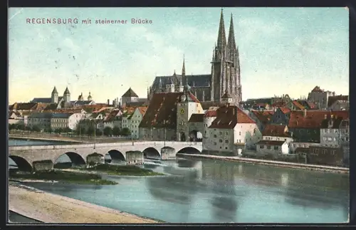 AK Regensburg, Donau mit steinerner Brücke