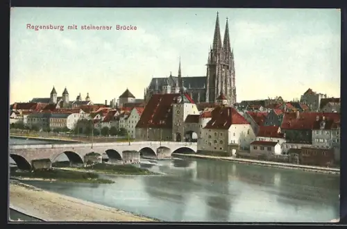 AK Regensburg, Donau mit steinerner Brücke und Blick zum Dom