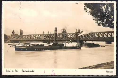 AK Kehl a. Rh., Dampfschiff an der Rheinbrücke