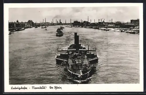 AK Ludwigshafen, Rhein mit Dampfern und Mannheim