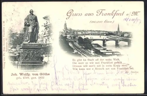AK Frankfurt a. M., Statue von Johann Wolfgang von Goethe, Mainpartie mit Brücken