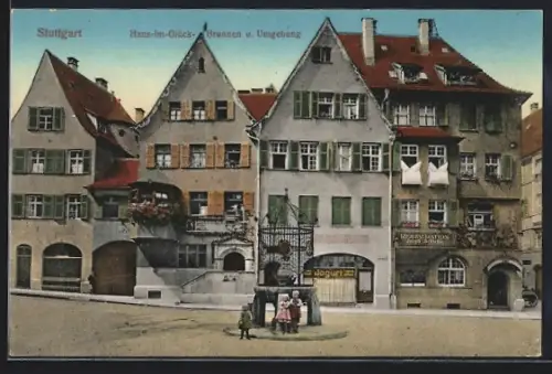 AK Stuttgart, Hans-im-Glück-Brunnen mit Restaurant Jacob Schiehle