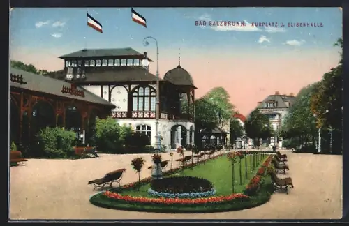 AK Bad Salzbrunn, Kurplatz und Eisenhalle