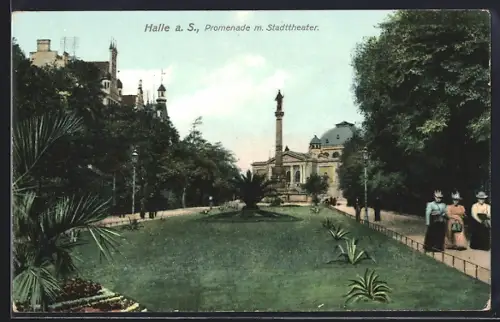 AK Halle a. S., Panorama mit Stadttheater und Denkmal