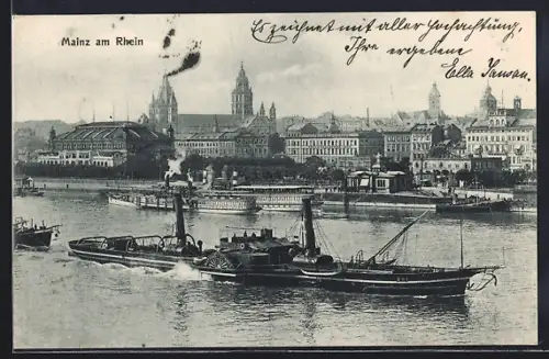 AK Mainz, Teilansicht mit Dampfer Mathus Stinnes