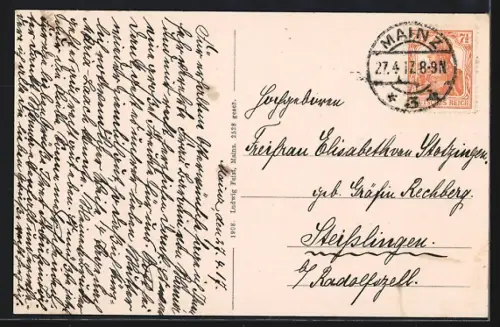 AK Mainz, Teilansicht mit Dampfer Mathus Stinnes