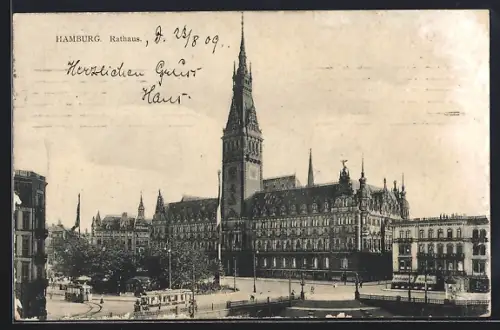 AK Hamburg, Strassenpartie mit Restaurant und Rathaus