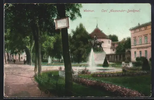 AK Weimar / Thüringen, Carl-Alexander-Denkmal vor einem Restaurant