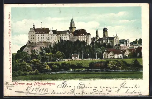 AK Sigmaringen, Ortspartie mit Blick auf das Schloss