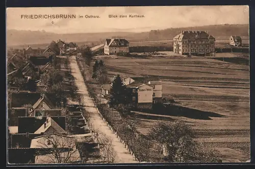 AK Friedrichsbrunn /Harz, Ortspartie mit Blick zum Kurhaus, Grebe`s Hotel