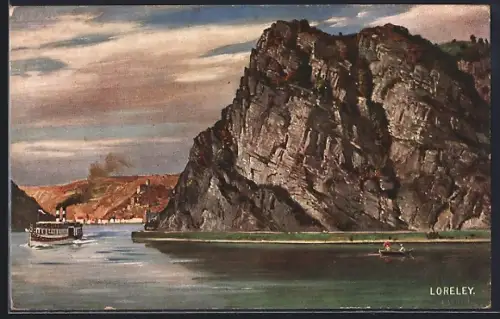 AK Rheindampfer passiert die Loreley, Ruderboot