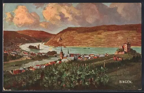 Künstler-AK Bingen am Rhein, Teilansicht mit Burg