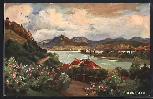 Künstler-AK Rolandseck, Ortsansicht mit dem Rhein