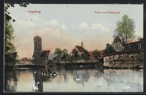 AK Augsburg, Partie am Oblatterwall mit Kirche