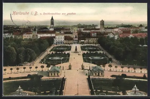 AK Karlsruhe i. B., Teilansicht vom Residenzschloss aus gesehen