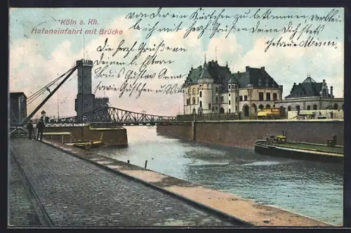 AK Köln / Rhein, Hafeneinfahrt mit Brücke