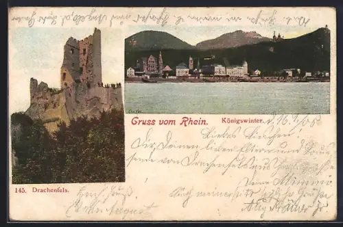 AK Königswinter /Rhein, Uferpartie, Drachenfels
