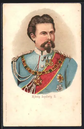 Lithographie König Ludwig II. im Porträt mit Orden
