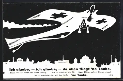 Künstler-AK Flugzeug über einer Stadt, optische Täuschung