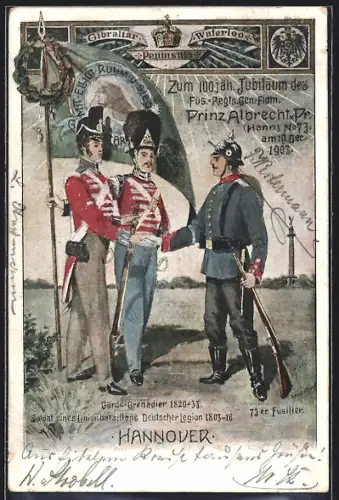 AK Hannover, 100-jähriges Jubiläum des Füs.-Regts. Gen.-Fldm. Prinz Albrecht v. Pr., Soldaten dreier Generationen