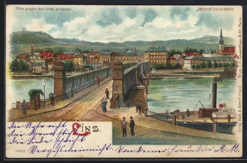 Lithographie Linz, Brücke und Urfahrt, Halt gegen das Licht