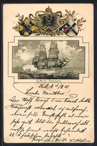 Lithographie Kriegsschiff SMS Stosch unter vollen Segeln, Ostasiengeschwader