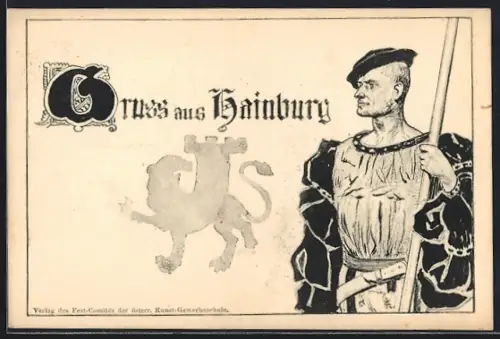 Künstler-AK Hainburg, Kostümfest, Krieger mit Lanze, Jugendstil