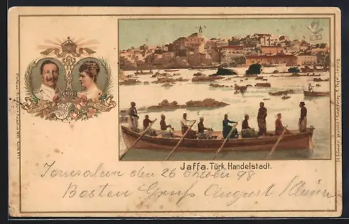 Lithographie Jaffa, Ansicht der Türk. Handelstadt vom Wasser aus, Kaiserpaar im Portrait