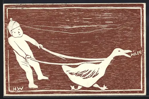 Künstler-AK Davos, Hilfstag am 18. Januar 1920, Knabe mit Gans