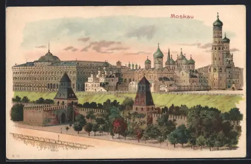 Lithographie Moskau, Blick auf den Kreml
