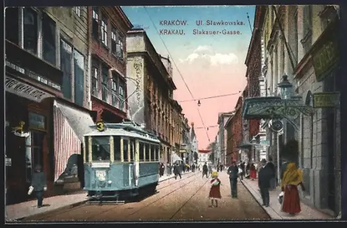 AK Krakau, Partie der Slakauer Gasse mit Strassenbahn