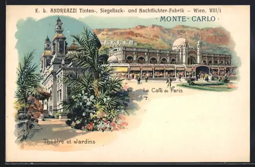 Lithographie Monte-Carlo, Le Café du Paris, Théâtre et Jardins