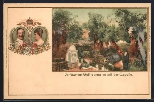 Lithographie Jerusalem, der Garten Gethsemane mit der Kapelle, Portraits des Kaiserpaares