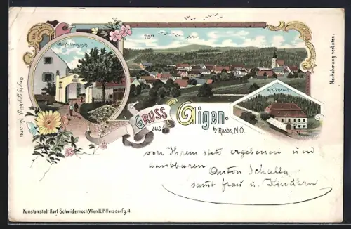 Lithographie Aigen b. Raabs, Mühle Gaugusch, K. K. Postamt, Ortsansicht