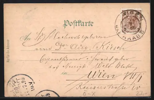 Lithographie Aigen b. Raabs, Mühle Gaugusch, K. K. Postamt, Ortsansicht