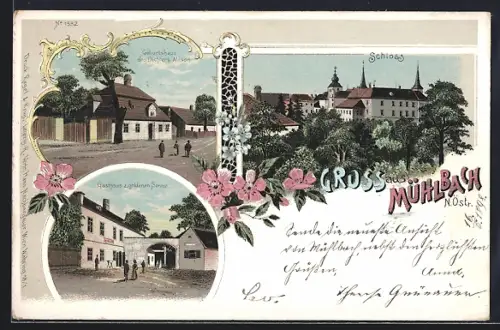 Lithographie Mühlbach /N. Östr., Gasthaus z. goldenen Sonne, Geburtshaus d. Dichters Mison, Schloss