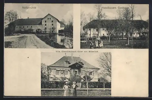 AK Hörsching-Rutzing, Hasslbauers Gasthaus, Noitzmühle, Villa Oberstleutnant Edler v. Bitterlich