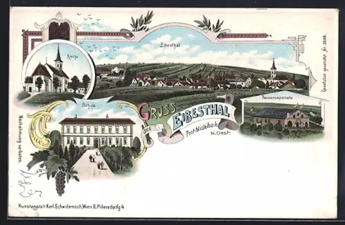 Lithographie Eibesthal bei Mistelbach, Passionsspielhalle, Gesamtansicht, Schule mit Strasse aus der Vogelschau