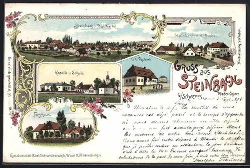 Lithographie Steinbach b. Schrems, Forsthaus, Kapelle, Schule, K. K. Postamt