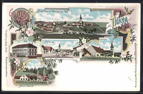 Lithographie Thaya /Nied.-Österr., Hammer-Schmiede, Spitalkirche, Marktplatz