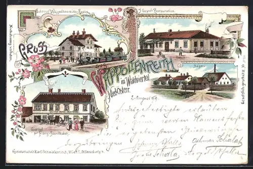 Lithographie Wappoltenreith im Waldviertel, Bahnhof, Gasthof z. Franz-Josefbahn, J. Geyers Restauration, Säge