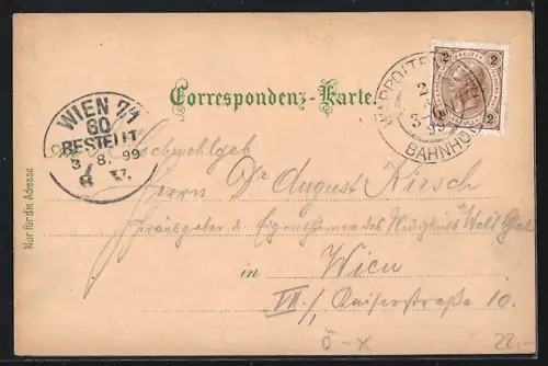 Lithographie Wappoltenreith im Waldviertel, Bahnhof, Gasthof z. Franz-Josefbahn, J. Geyers Restauration, Säge