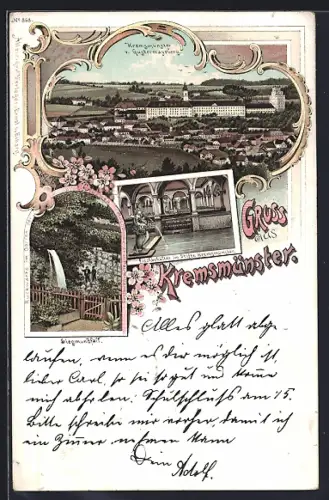 AK Kremsmünster, Totalansicht vom Gustermayrberg, Fischbehälter im Stift, Siegmundfall