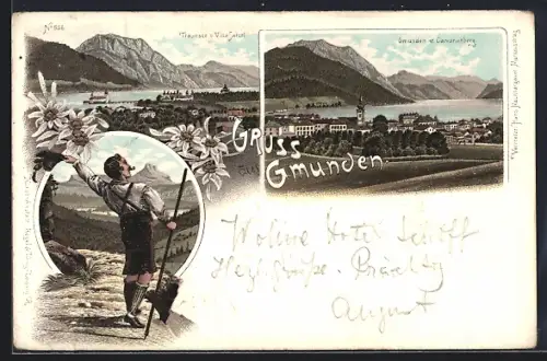 Lithographie Gmunden, Panorama mit Traunsee und Calvarienberg, Wanderer blickt über das Tal
