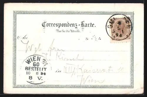 Lithographie Gmunden, Panorama mit Traunsee und Calvarienberg, Wanderer blickt über das Tal